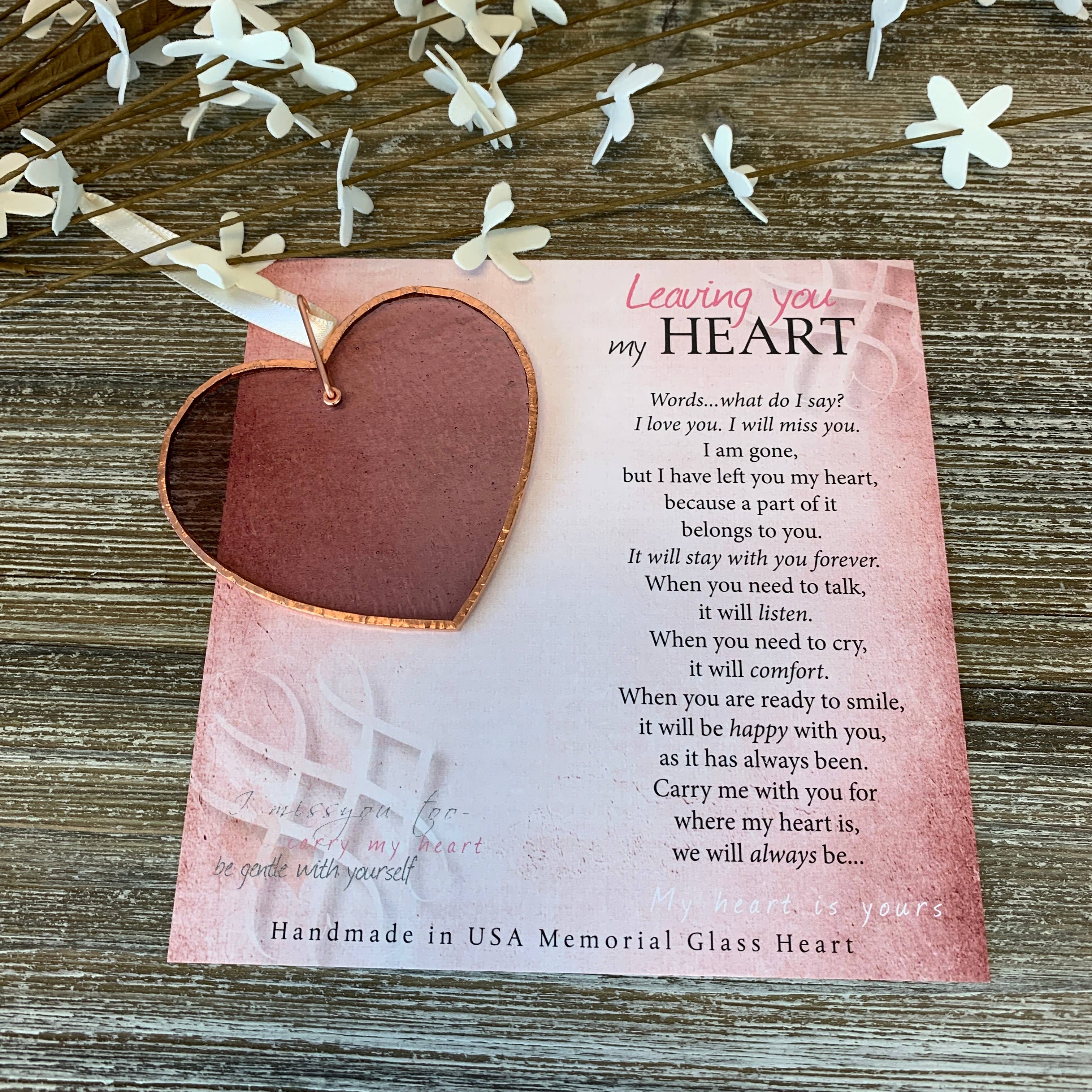 Leaving You My Heart Memorial Stained Pink Glass Heart- 4444