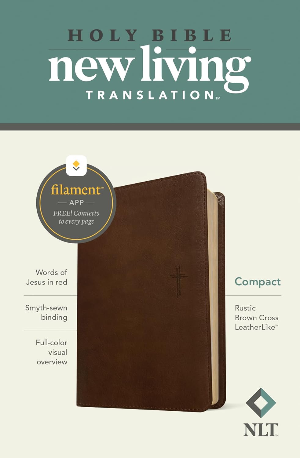 NLT Compact Bible (LeatherLike, Rustic Brown Cross, Red Letter)